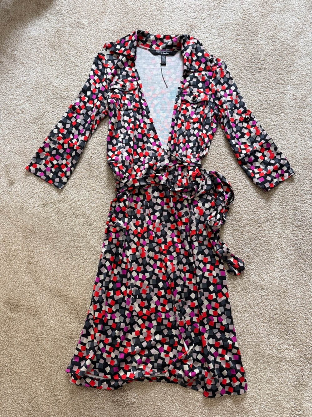 Diane Von Furstenberg Black Multi-Color Geometric Wrap Dress